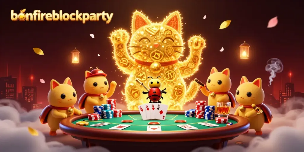 Experience the excitement of bonfireblockparty with a lively casino-themed illustration featuring a giant lucky cat and poker elements.