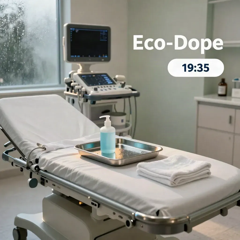 Suite premium de eco-Doppler vascular con camilla, transductor, gel y bandeja metálica tras la lluvia.