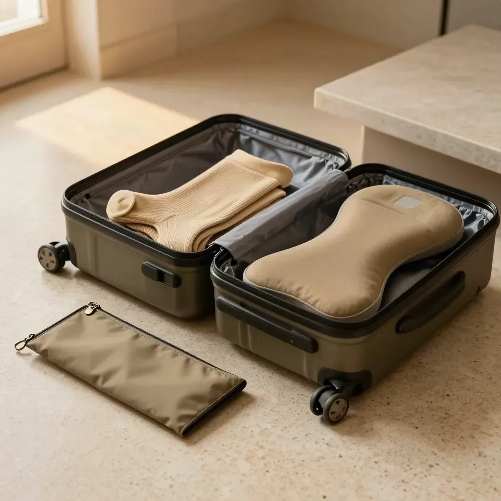 Kit de prevención de trombosis con maleta abierta, media de compresión y funda de viaje sobre piedra.