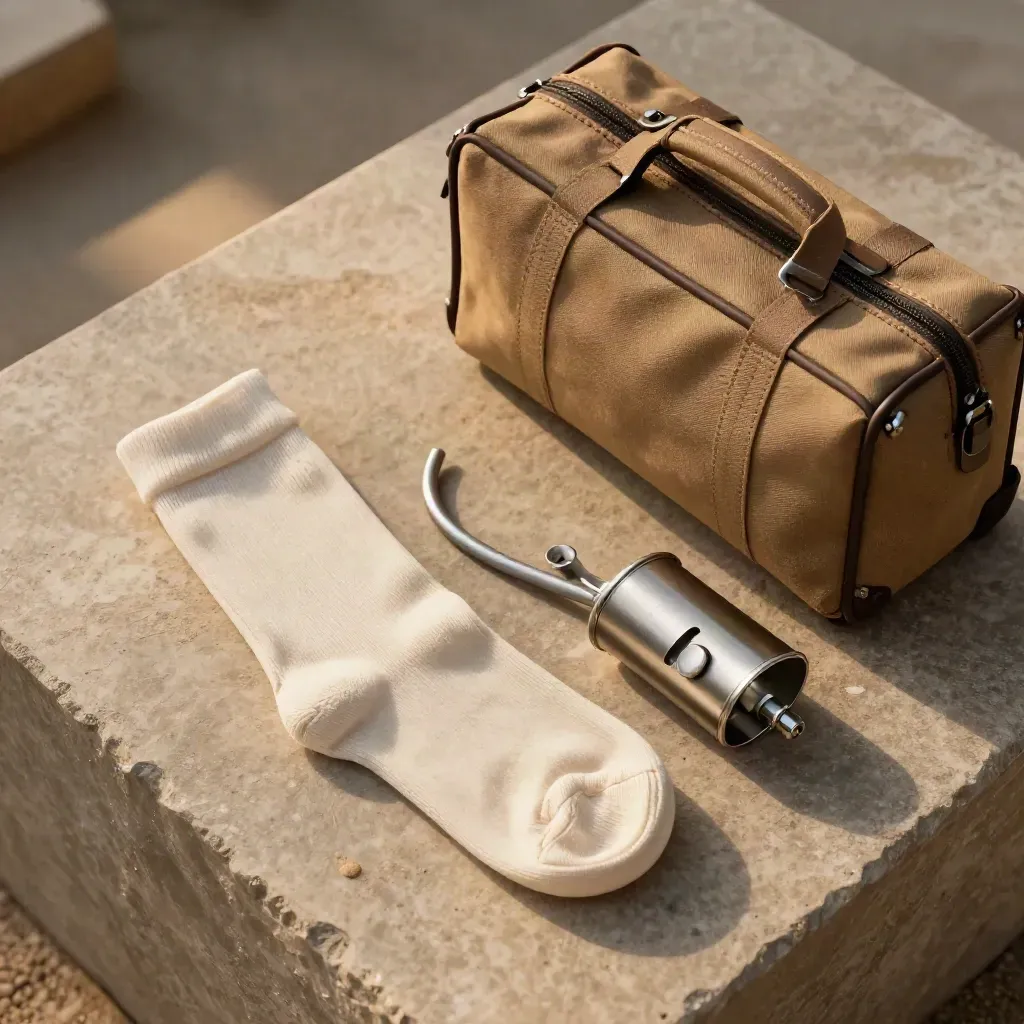 Kit médico para riesgo de trombosis sobre piedra, listo para viajar.