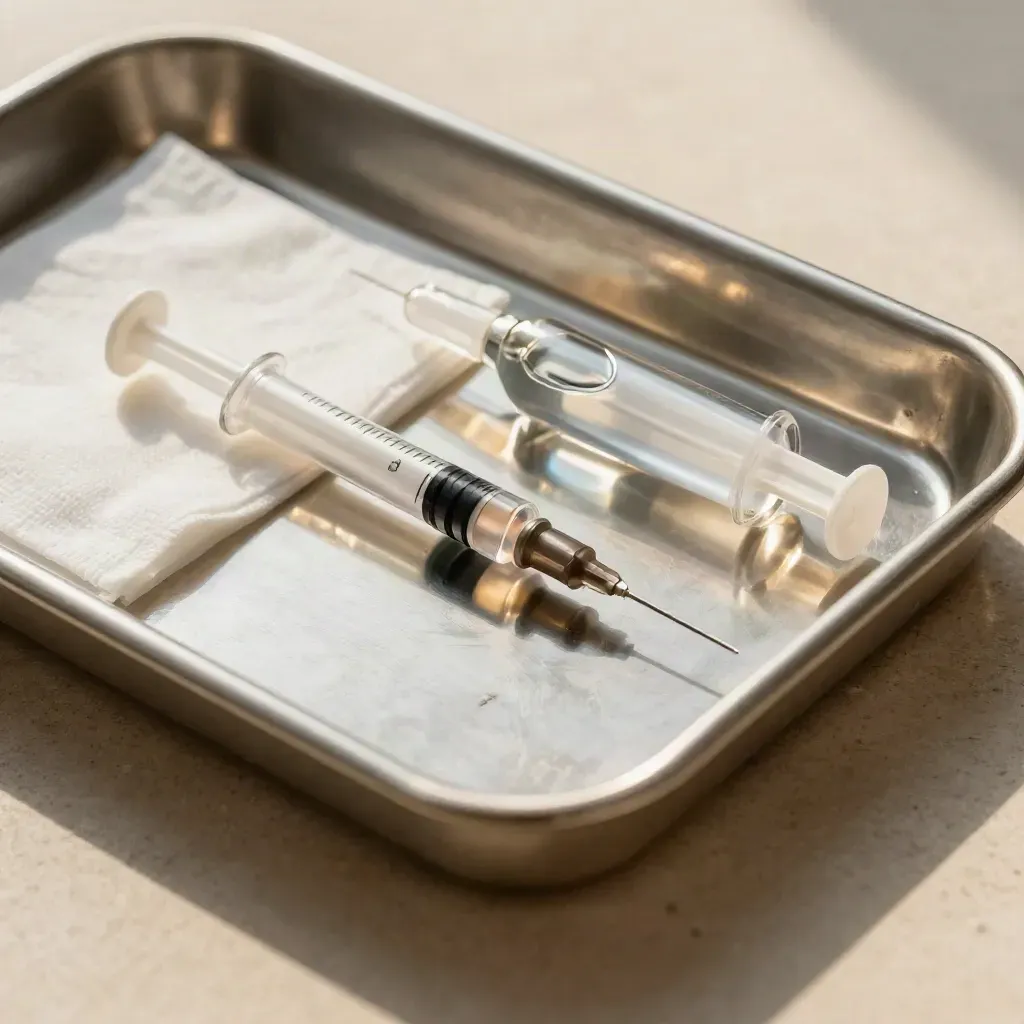 Bandeja de escleroterapia con ampolla, jeringa fina, gasas y funda estéril sobre piedra clara.