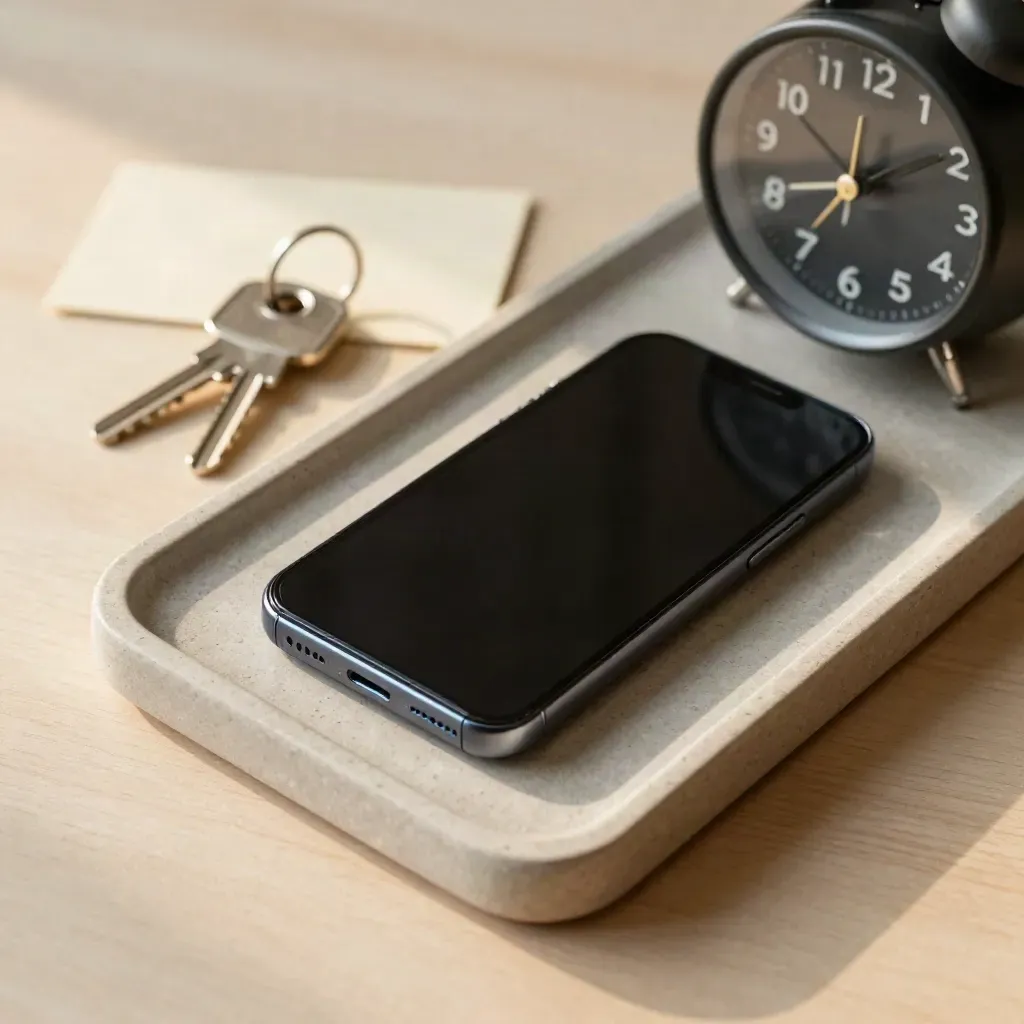 Smartphone, reloj y llaves sobre bandeja cerámica, con luz suave de mañana
