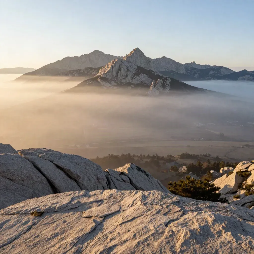 La Sierra de Guadarrama y Madrid al amanecer, envueltas en niebla suave.