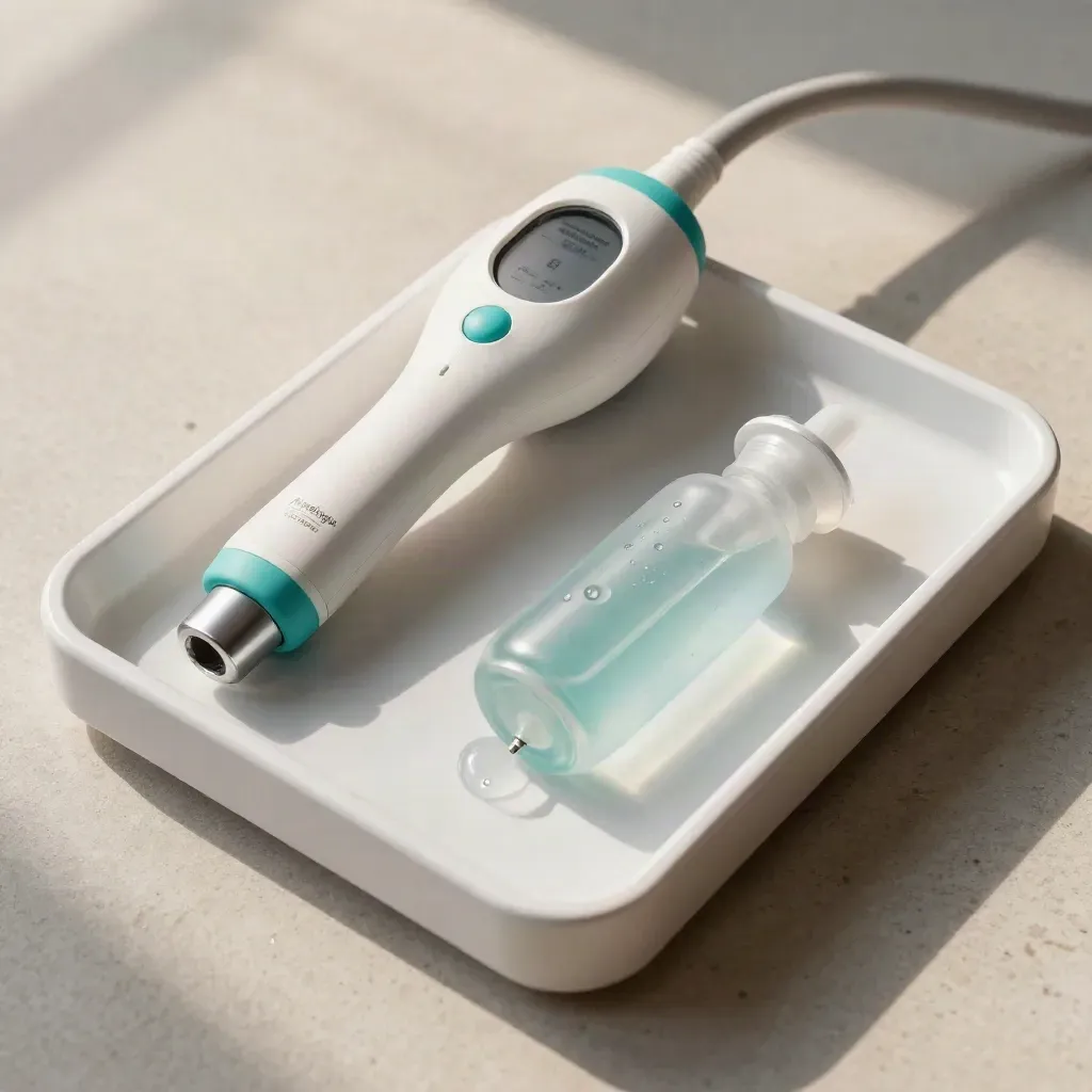 Sonda de ecodoppler, gel translúcido y modelo vascular en bandeja blanca.