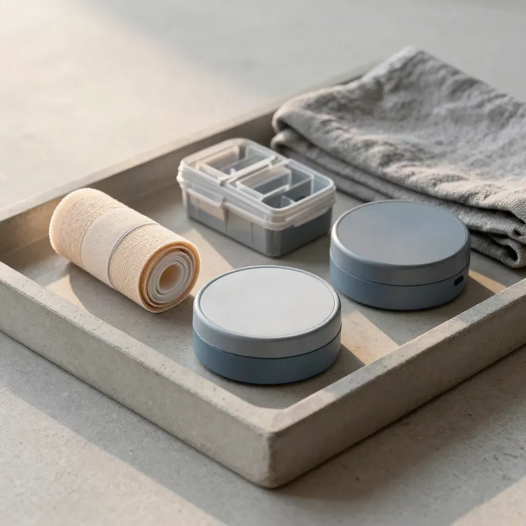 Kit de seguimiento con vendaje, temporizador, pastillero cerrado y paño gris sobre bandeja de piedra.