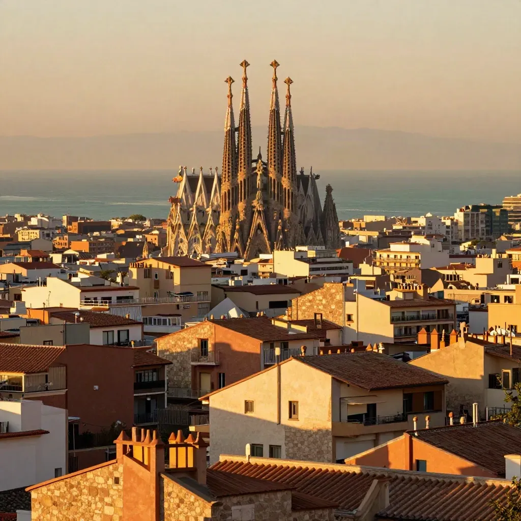 Tejados del Eixample y la Sagrada Família sobre Barcelona en luz dorada, con atmósfera costera.