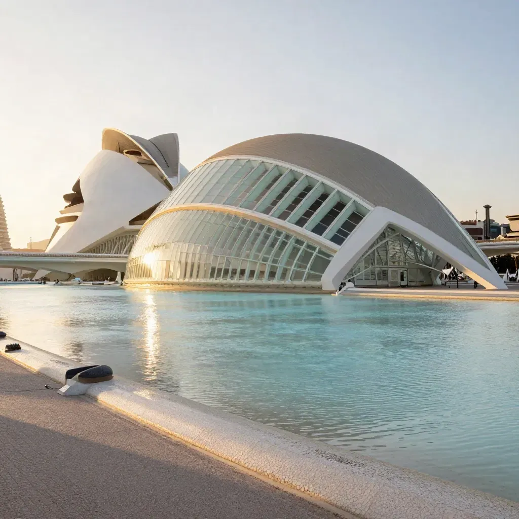 Ciudad de las Artes y las Ciencias sobre el Turia, con luz dorada y cielo claro en Valencia.
