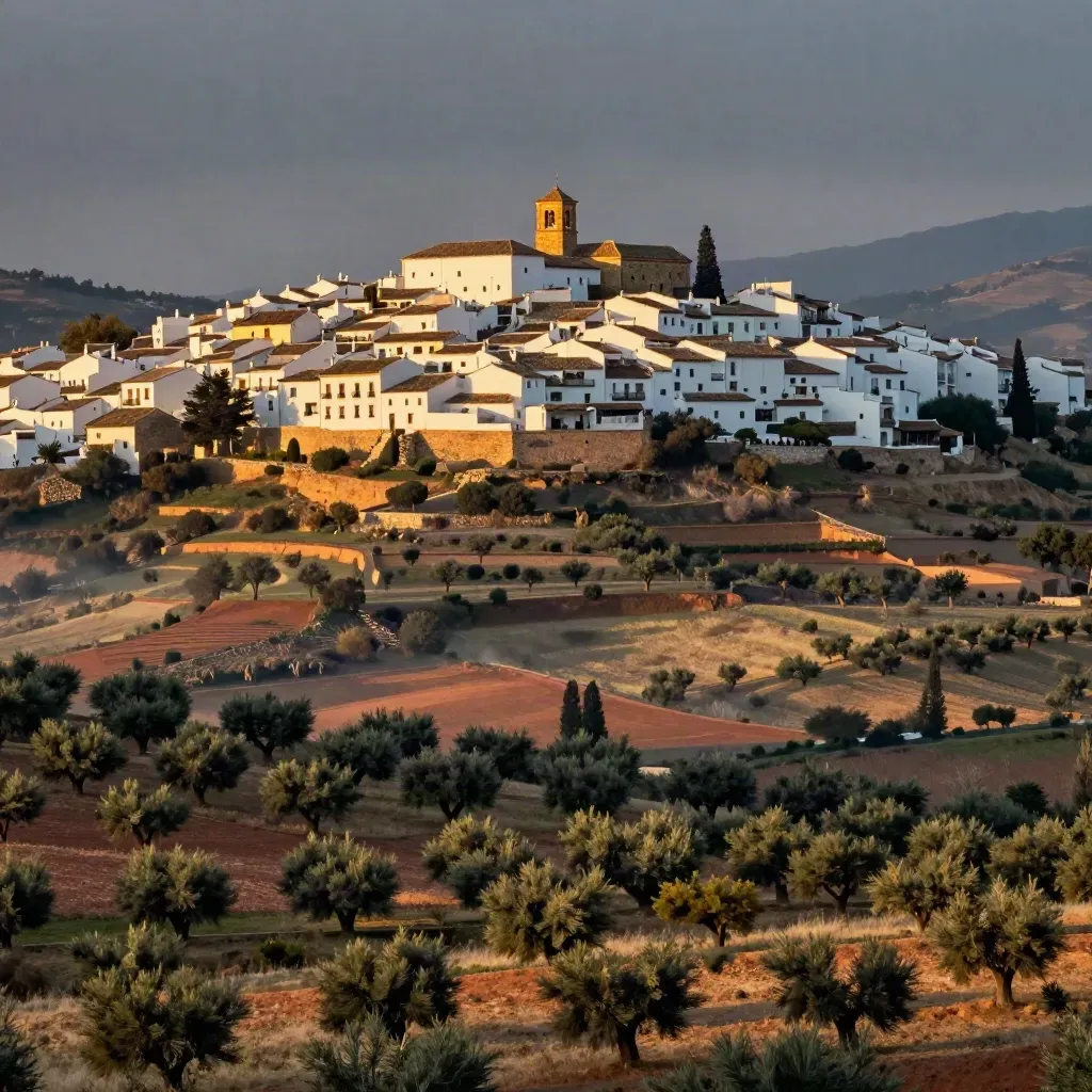 Pueblo blanco andaluz sobre olivos al atardecer, con luz cálida y valle suave