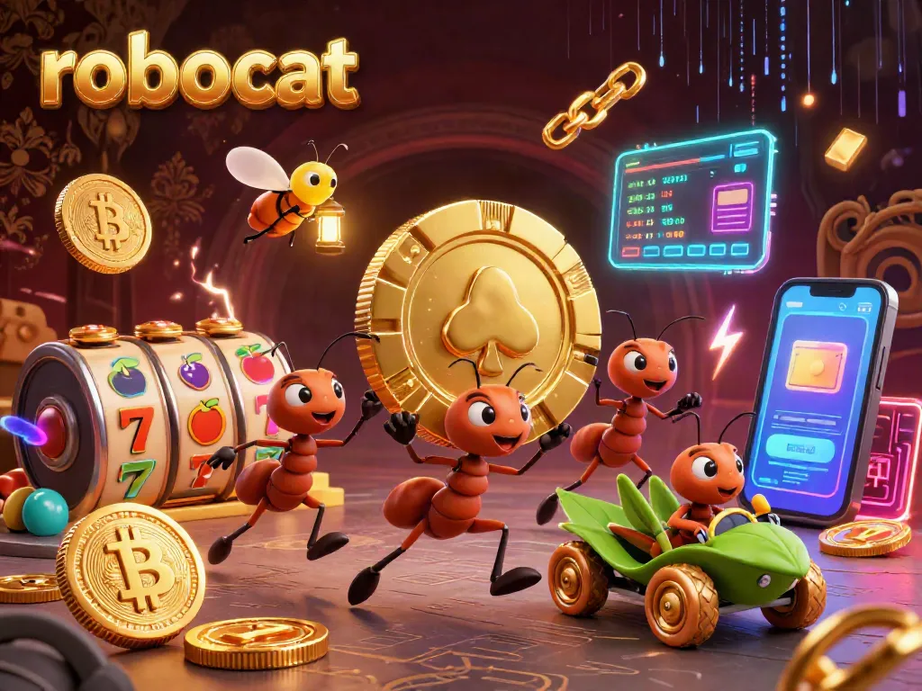 Experience thrilling gameplay as robocat ventures through a heist scene filled with vibrant slot machines and crypto elements.