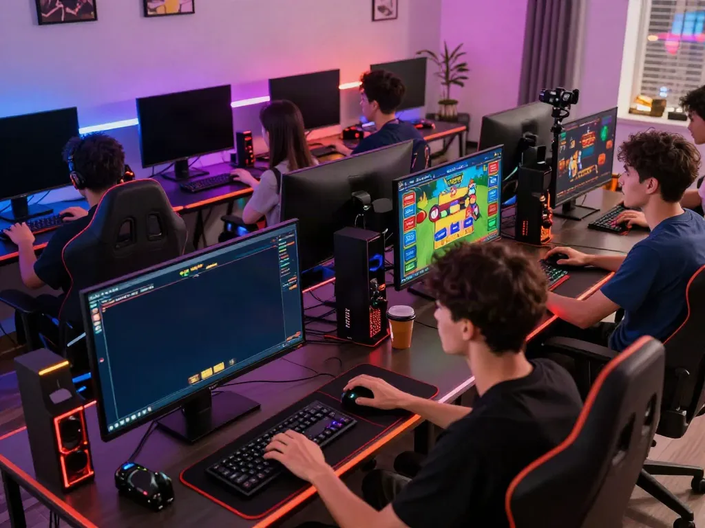 Engaged gamers enjoying online casino games at https://du88az.net/ in a vibrant home gaming setup.